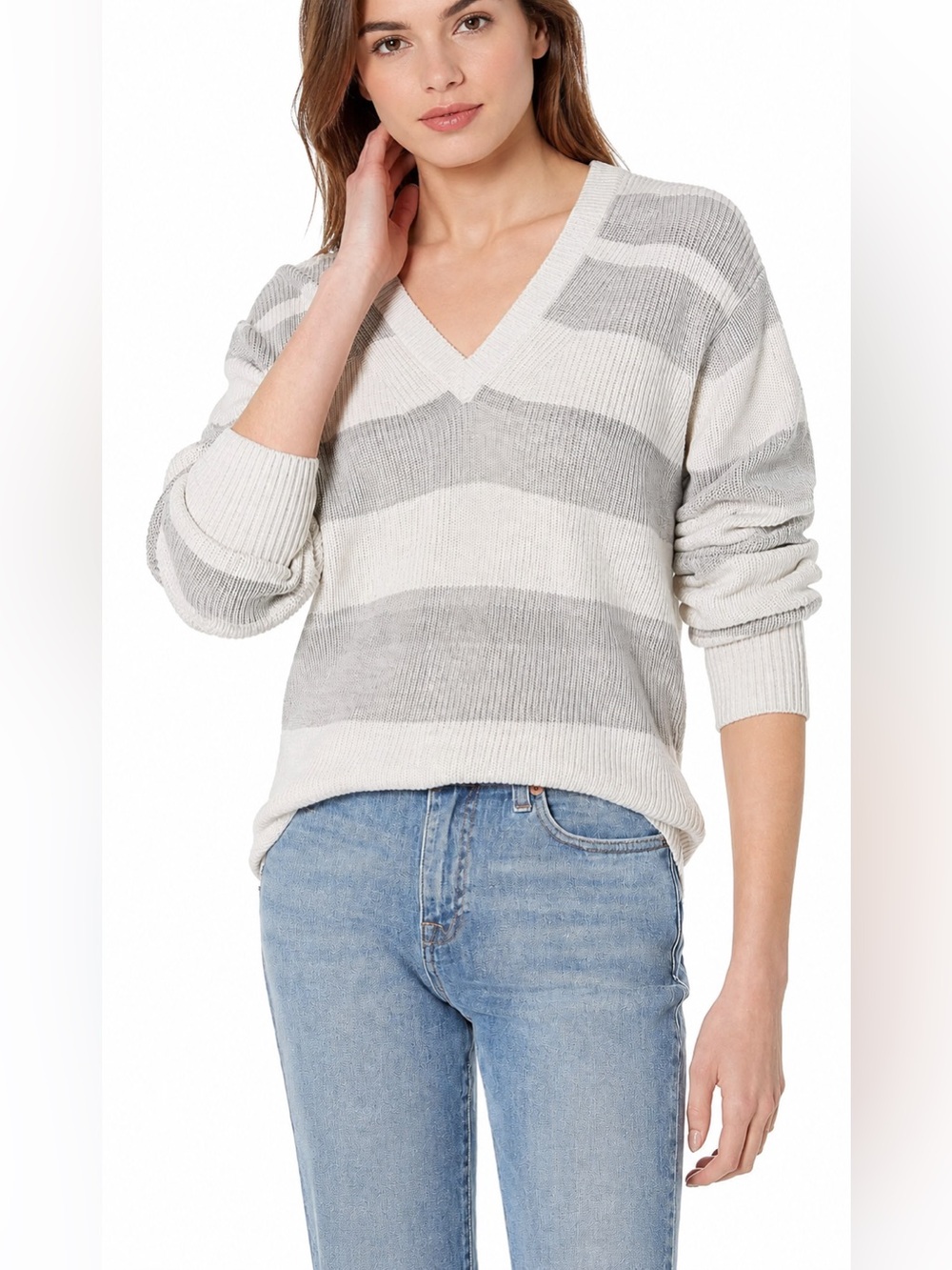 PAIGE Negin Marled Gray Stripe V Neck Knit Sweater Long Sleeve Small